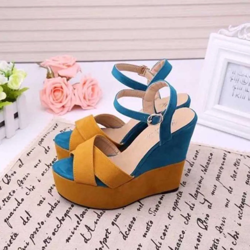 

2019 summer shoes woman Mixed Colors Buckle Peep Toe wedges shoes for women fashion Loafers Sandals Shoes sandalia feminina