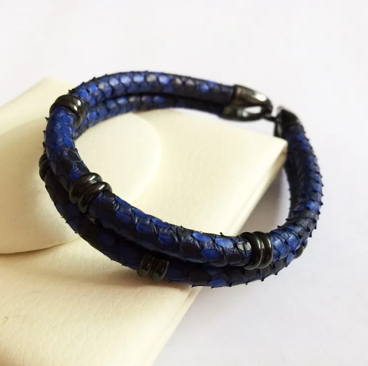 Мужские черные кожаные браслеты из кожи питона, настоящая кожа питона, браслет со стальной пряжкой, браслет с бусинами - Окраска металла: blue black