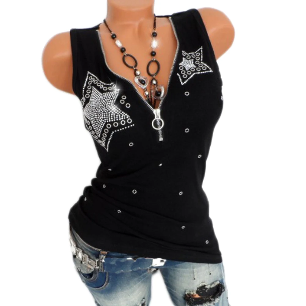 

YJSFG HOUSE Fashion Women Summer Tank Tops Sleeveless Vest Tank Female Ladies ShirtsZipper Rhinestones Tops Sequined Beach Tees