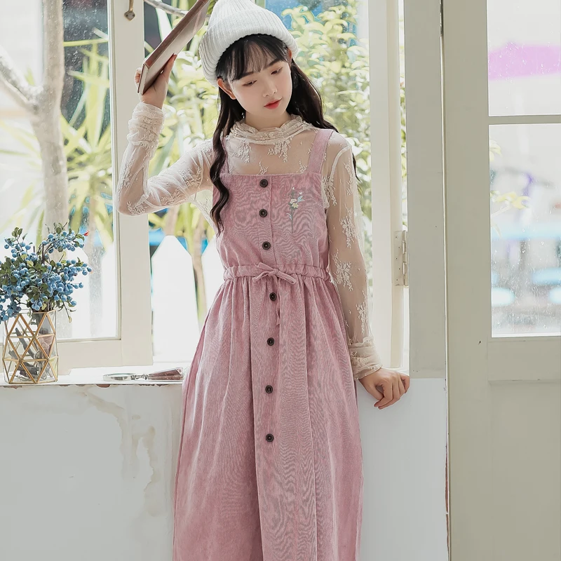 Mori Girl Autumn Winter Women Long Sundress Pink Green Floral Embroidery Suspenders Dress Vintage Elegant Corduroy Sweet Dress