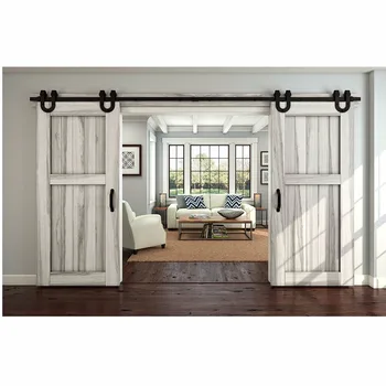 

(US Free shipping) 5FT- 16.4FT Black Antique Horseshoe Solid Steel Sliding Rolling Barn Door Hardware Kit for Double Wood Doors