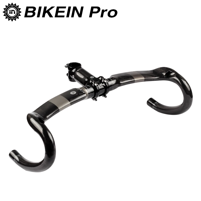 

BIKEIN Ultralight 3k Carbon Cycling Road Bike Handlebar 400/420/440mm + Stem 80/90/100/110mm Glossy Black Bicycle Parts 355g