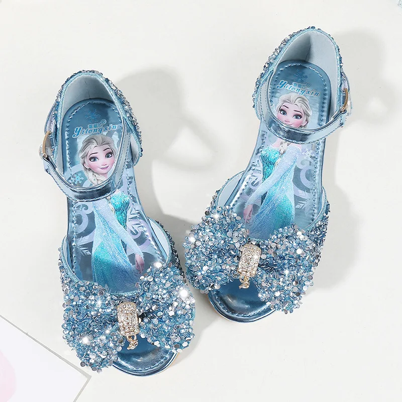 Disney-sandalias Frozen Para Niña, Zapatillas De Princesa Para Casa, Zapatos De Playa, Informales Con Lazo Y Lentejuelas |