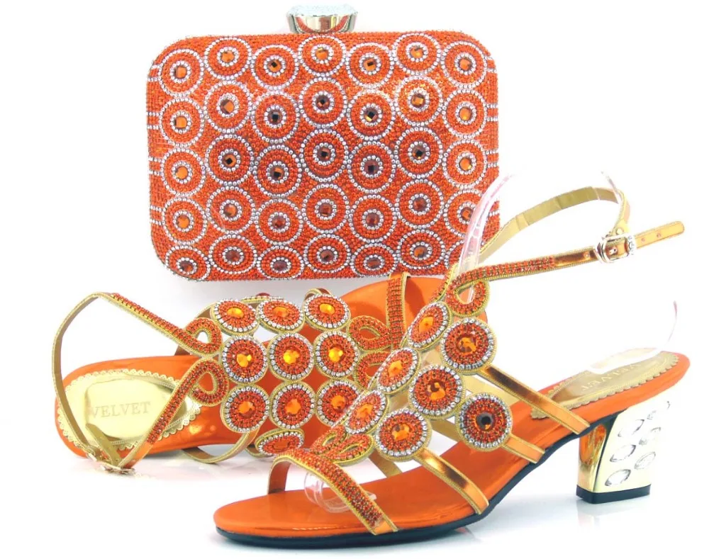 2016 Fashion orange high heel african shoe and bag to match for wedding dress free shipping
