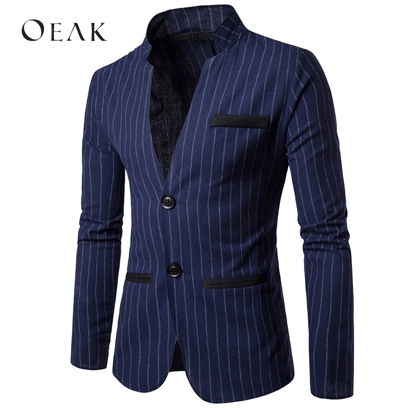 

Oeak Striped Patchwork Slim Fit Suits Jacket Mens Formal Single Breasted Costume Homme Stand Collar Wedding Dress Blazers