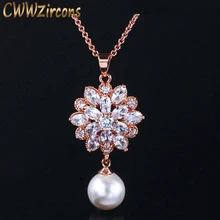 CWWZircons модный бренд женские ювелирные изделия великолепный кубический цирконий цветок капля жемчужина из розового золота кулон ожерелье для женщин CP017