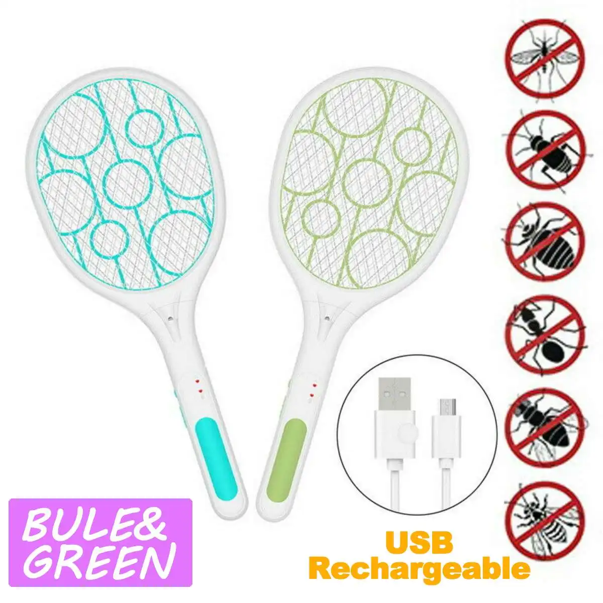 

Mosquito Swatter Killer USB Rechargeable Electric LED light Tennis Bat Handheld Racket Insect Fly Bug Wasp