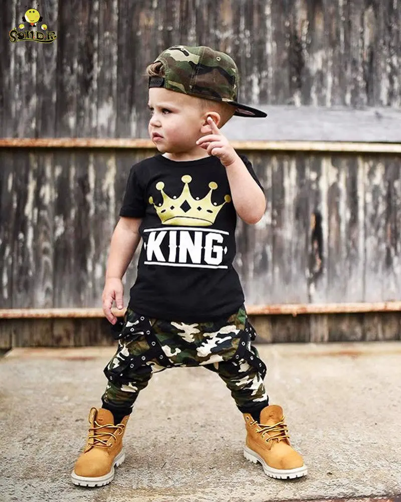 SONDR 2Pcs Boy Short Sleeve King Print T Shirt Top and Camouflage Pants Set for Boy and Baby boutique Kids Clothes SONDR 2Pcs Boy Short Sleeve King Print T Shirt Top and Camouflage Pants Set for Boy and Baby boutique Kids Clothes