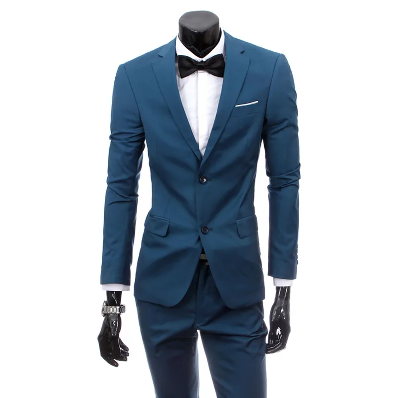Куртка+ штаны) мужской модный бутик чистого цвета высокого качества брендовый Свадебный вечерний костюм Блейзер Тонкий деловой мужской костюм - Цвет: hai lan 2 buttons