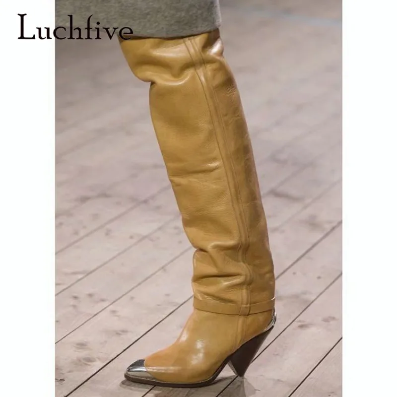 

2019 Runway Over The Knee Boots Woman Pointed Toe Silver Metal Decor Strange High Heel Shoes For Women Thigh Boots