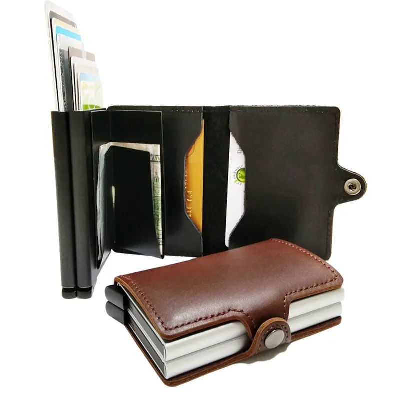 Automatic Pop Up Metal Men Genuine Leather Card Holder Aluminium Credit