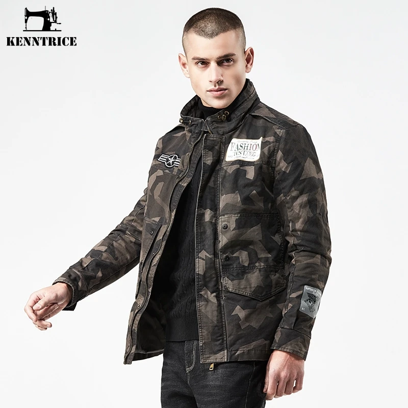 KENNTRICE Men Jacket Army Camouflage Jackets Stand Collar Thin Coat Zipper Mens Outwear Military