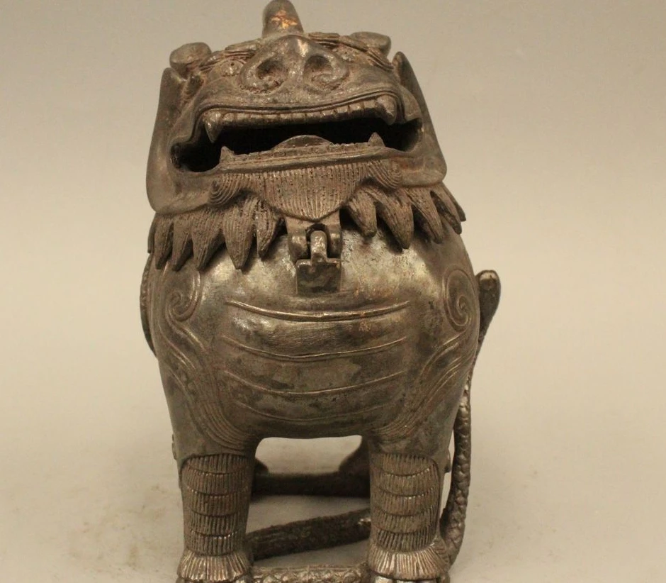 

6" Chinese Fengshui Pure Bronze Fu Foo Dog Lion Statue Incense Burner Censer