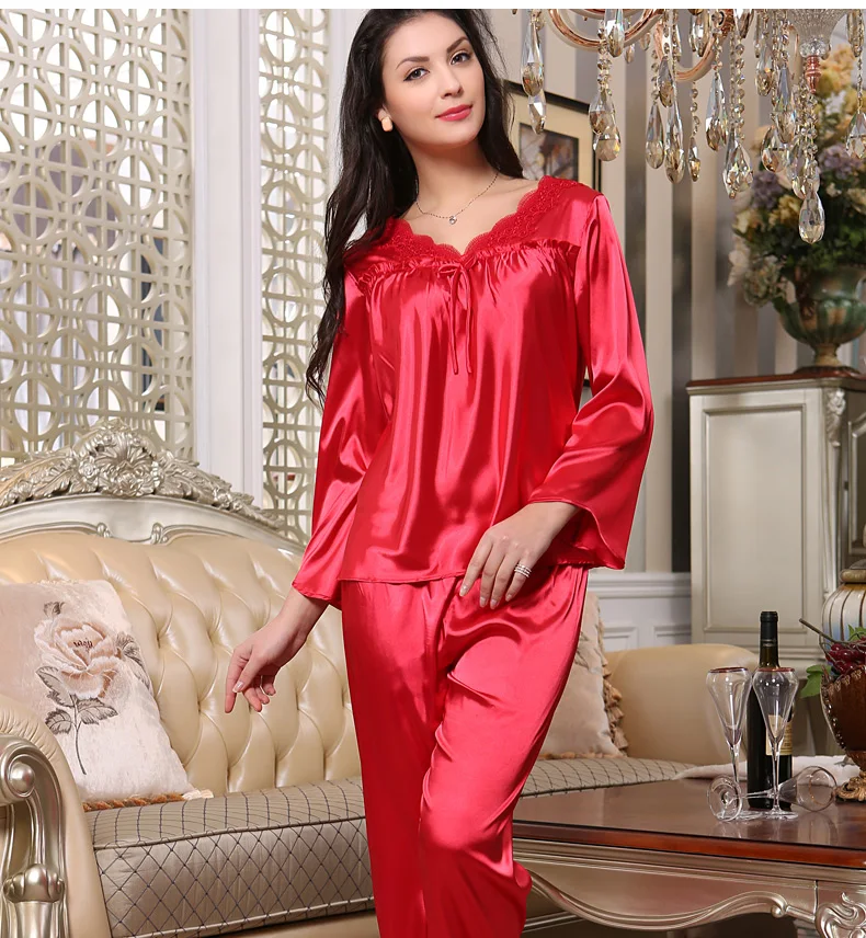 Summer autumn couples silk pajamas plus size long sleeve thin leisurewear two-piece silk suit men women lovers' loungewear Summer autumn couples silk pajamas plus size long sleeve thin leisurewear two-piece silk suit men women lovers' loungewear