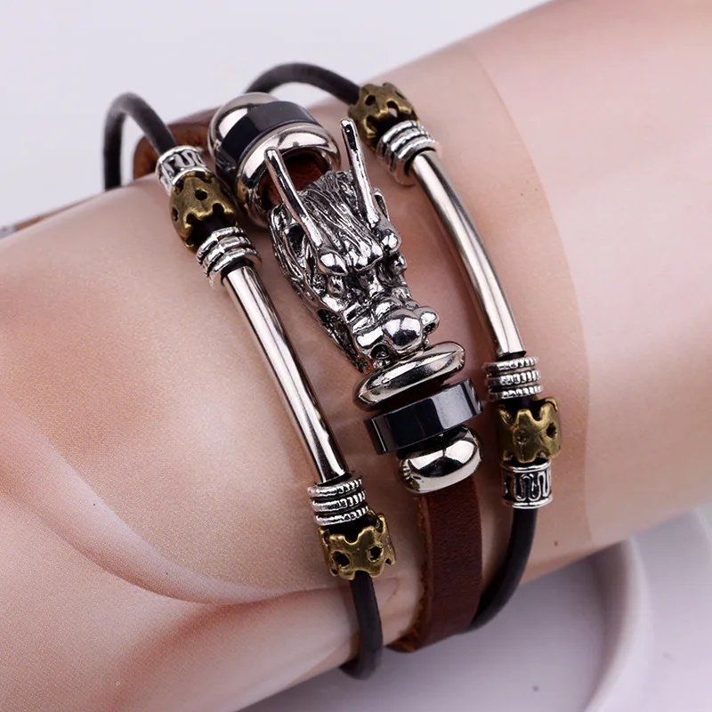 Bracelet Jewelry Personalized Handmade Leather Dragon Bracelet Men Vintage Multilayer Bangles Cuff Bracelet Pulsera