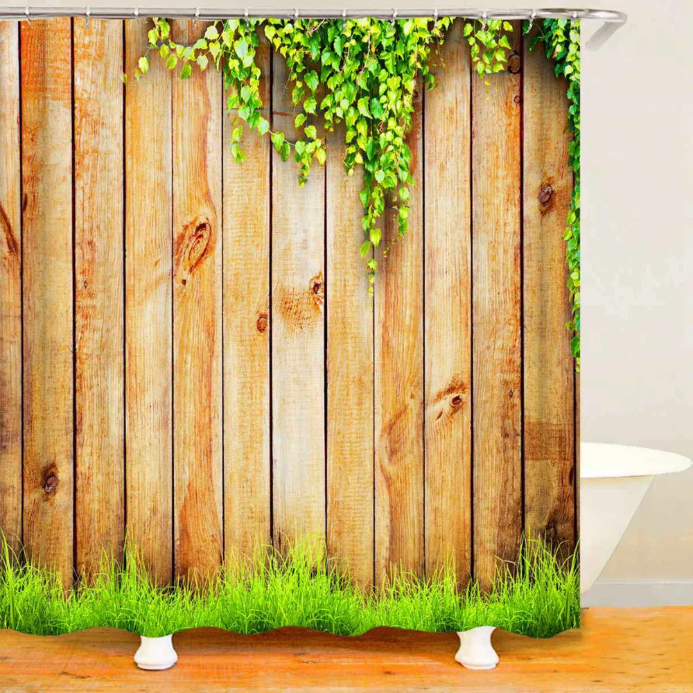 

Shower Curtain Spring Leaves and Grass on Rustic Wooden Barn Door Theme Curtains Waterproof Fabric Bathroom Decor Set with Hooks