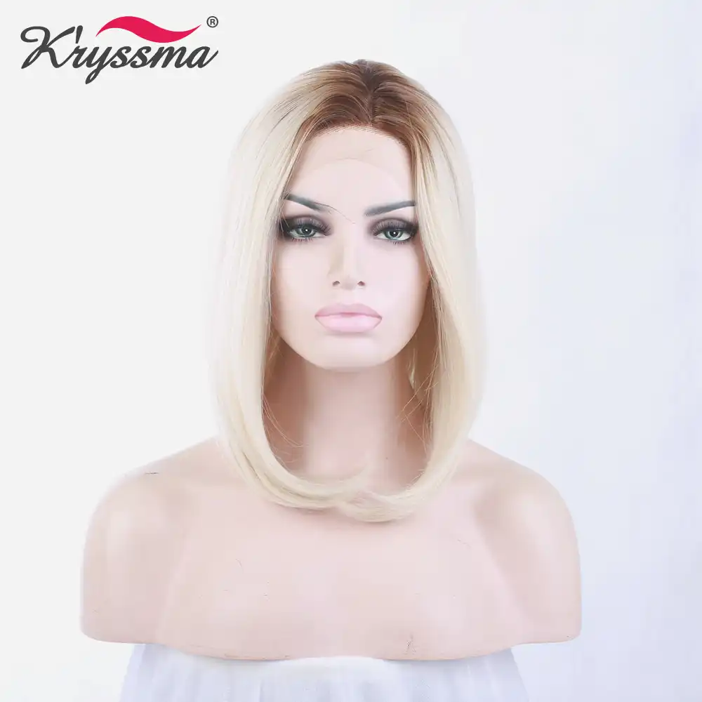 Bob Wig Blonde Synthetic Lace Front Wig Brown Roots Platinum