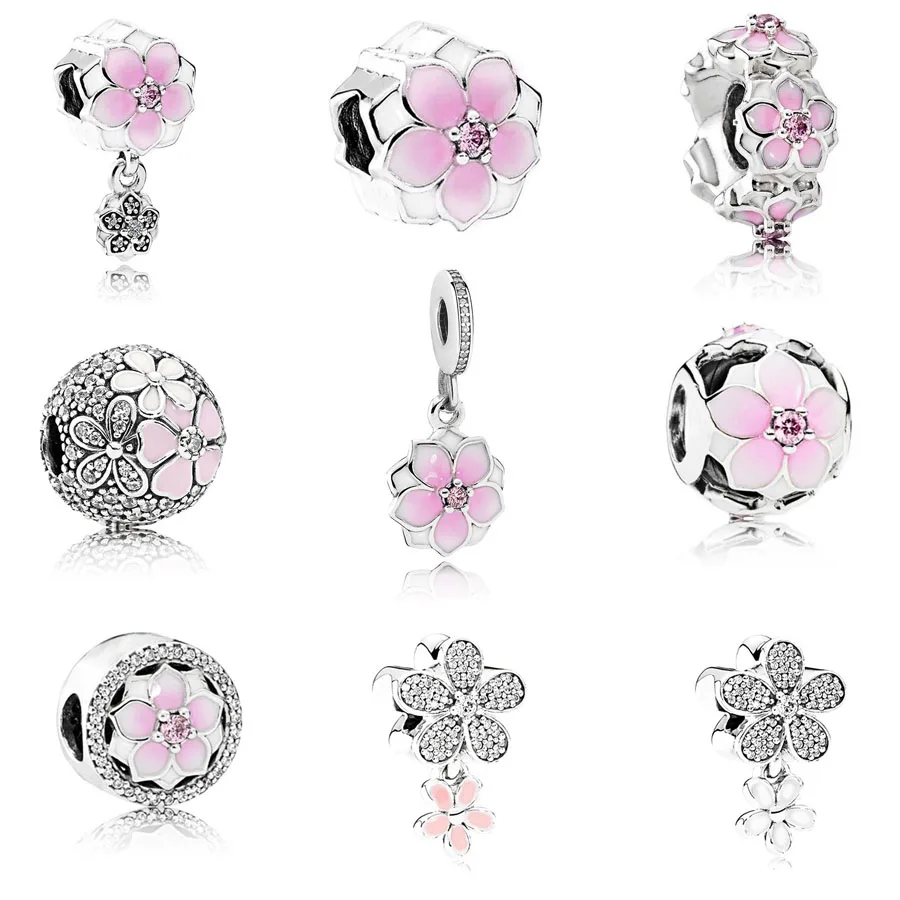 

New Free Shipping Alloy Bead Pink Bloom Magnolia Flower Pendant Charm Fit Original Pandora Bracelet Necklace for Women Jewelry