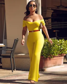 

Normcore Stlye Solid Color Boot Cut Off Should Short Sleeve Slash Neck Jumpsuits