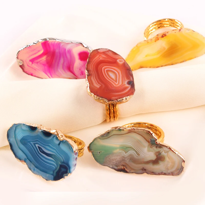 

New Gold Plating Metal Alloy Circle Napkin Ring with Orange Yellow Green Blue Rose Decor Natural Stone Piece