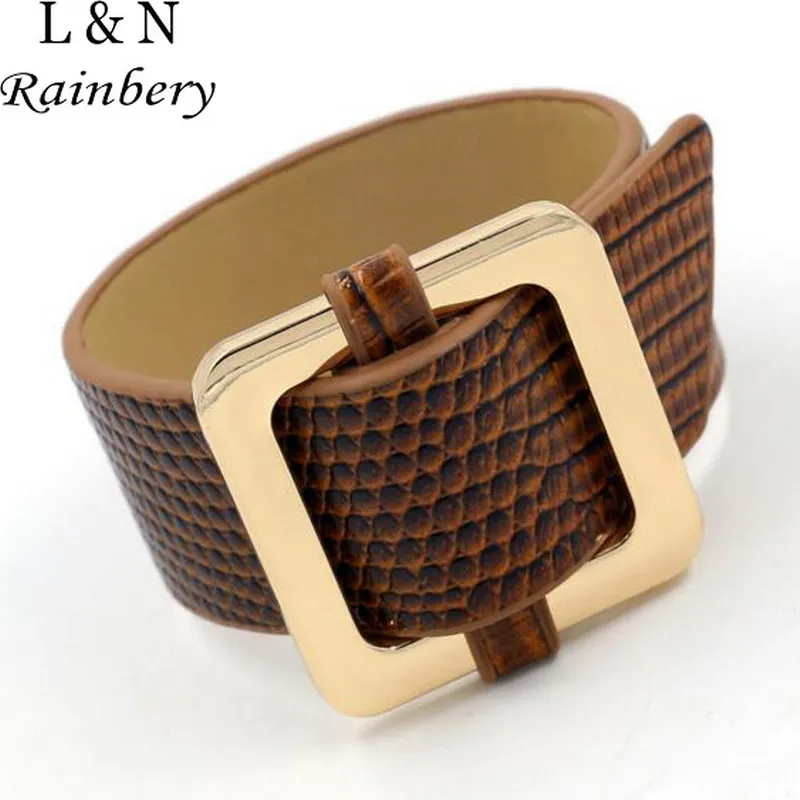 

Rainbery Fashion Big Metal Charm Cuff Bracelet Imitation Snake Skin PU Leather Bracelets & Bangles For Men Women Jewelry JB0468