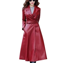 Женские кожаные тренчи с бантом на талии, Женская длинная куртка из искусственной кожи, женские осенне-зимние пальто, одежда-ветровка
