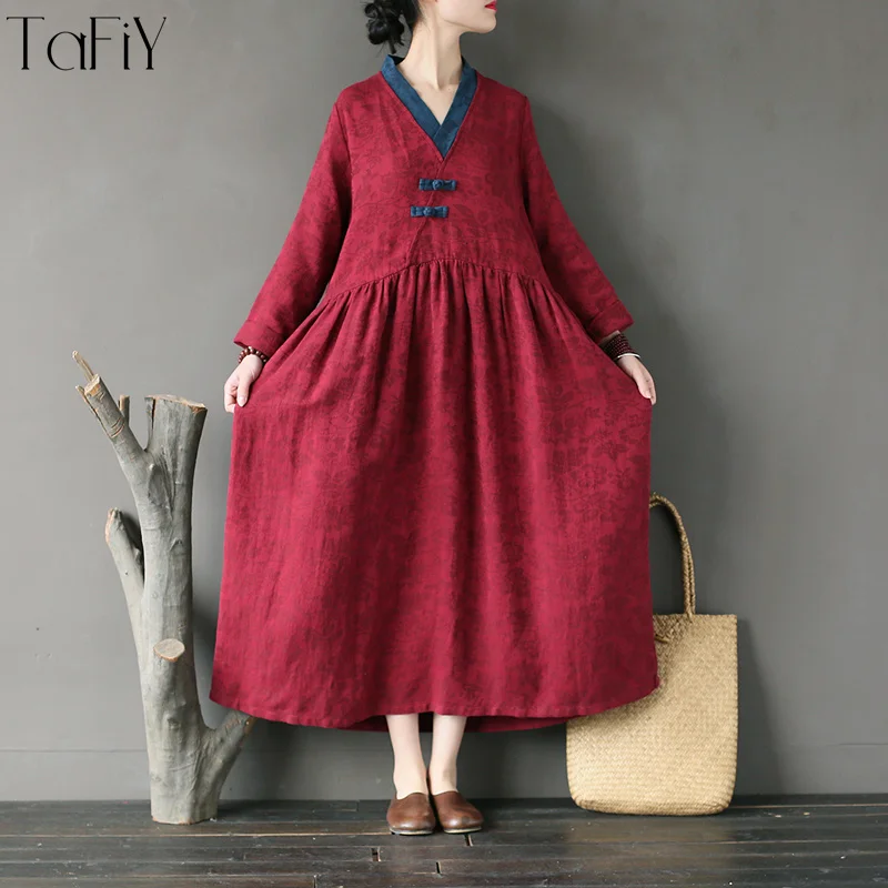 TaFiY Vestidos 2018 Women Spring Summer Dress Vintage V-neck Long Sleeve Loose Dress Linen Cotton Plus Size Long Robes for Women TaFiY Vestidos 2018 Women Spring Summer Dress Vintage V-neck Long Sleeve Loose Dress Linen Cotton Plus Size Long Robes for Women