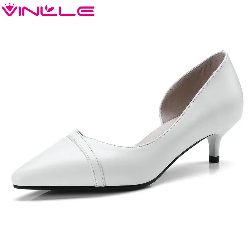 

VINLLE 2018 Shoes Women Genuine Leather Thin Med Heel Pointed Toe Platform Mixed Color Ladies Wedding Pumps Size 34-41