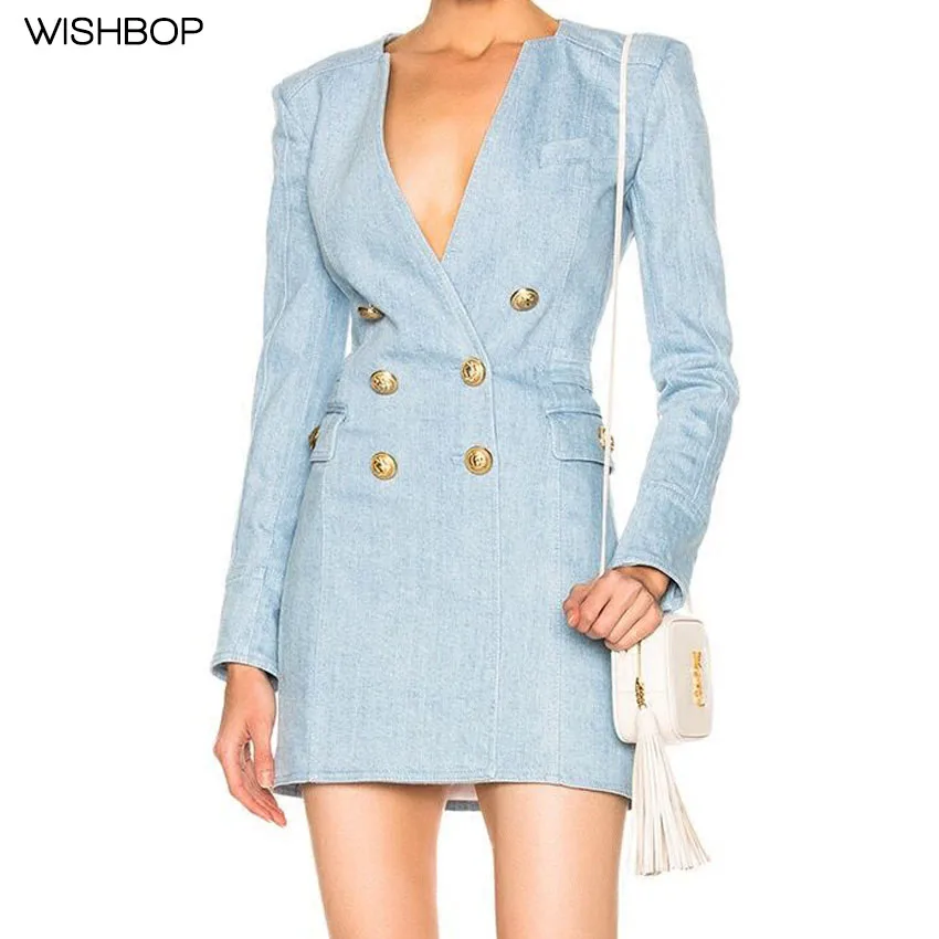 

2018 Runway Woman Fashion Blue Denim Dress V-neck Long Sleeves Front Gold Lion Button up Flap Pockets Short Dress