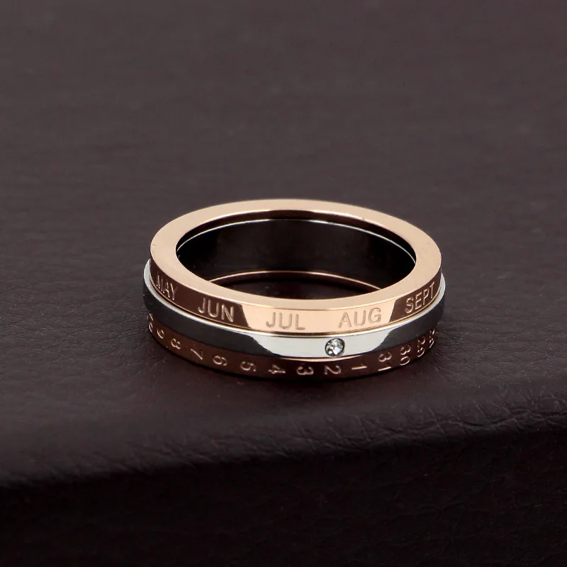 Модные женские кольца с круглыми цифрами и календарем из розового золота, вечерние кольца из нержавеющей стали, подарок на свадьбу