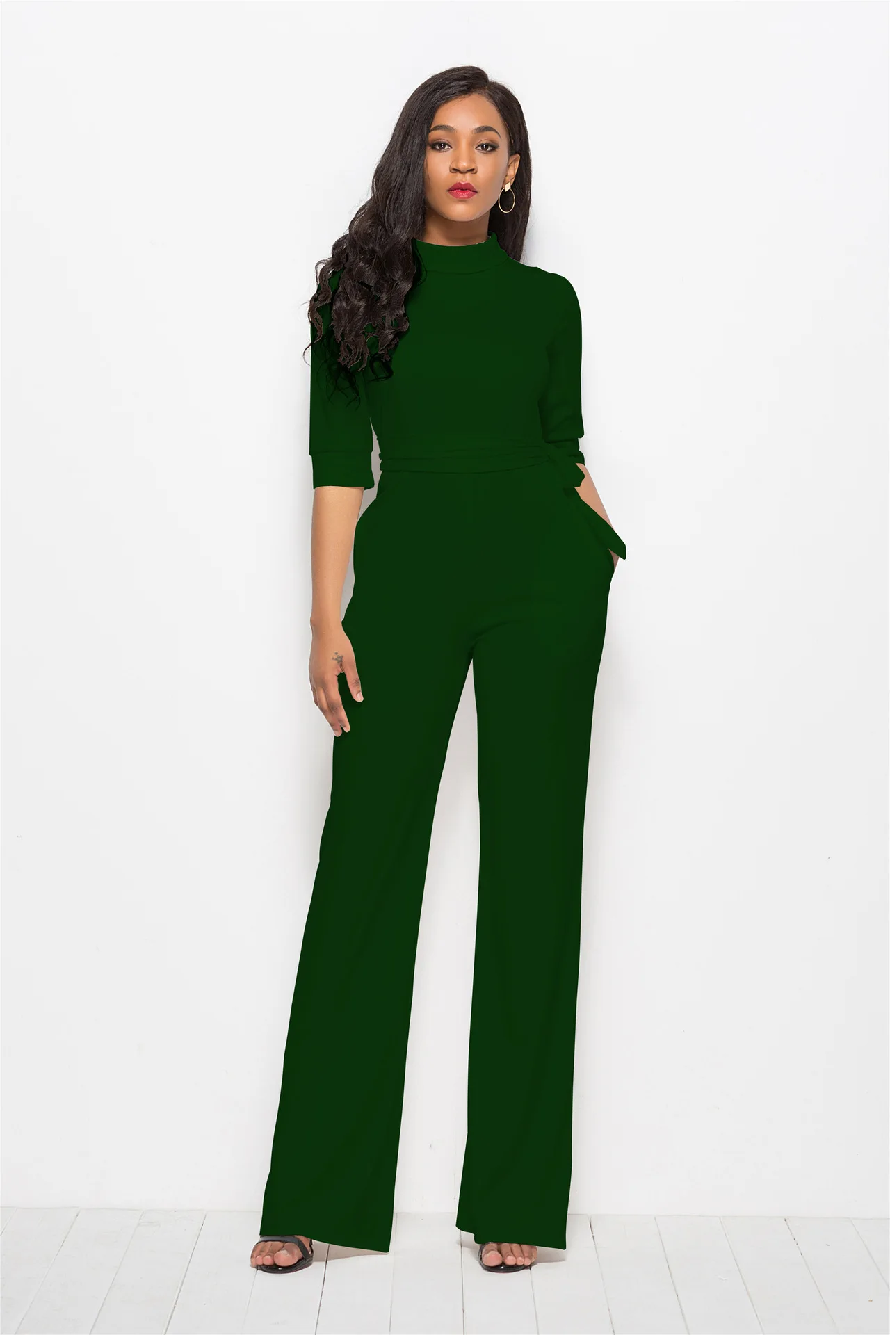 

Explosion models classic women's sexy solid color five-point sleeves collar collar wide-leg jumpsuits YD5089