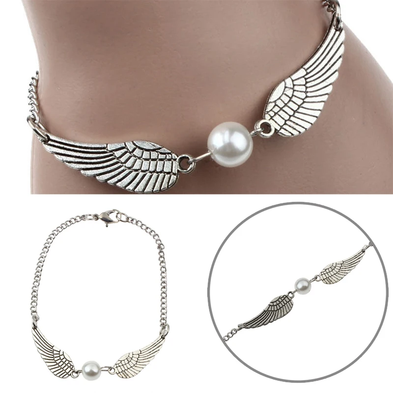 fashion plating silver chain bracelet shellhard imitation pearl bracelet feather angle wings vintage jewelry gifts for women