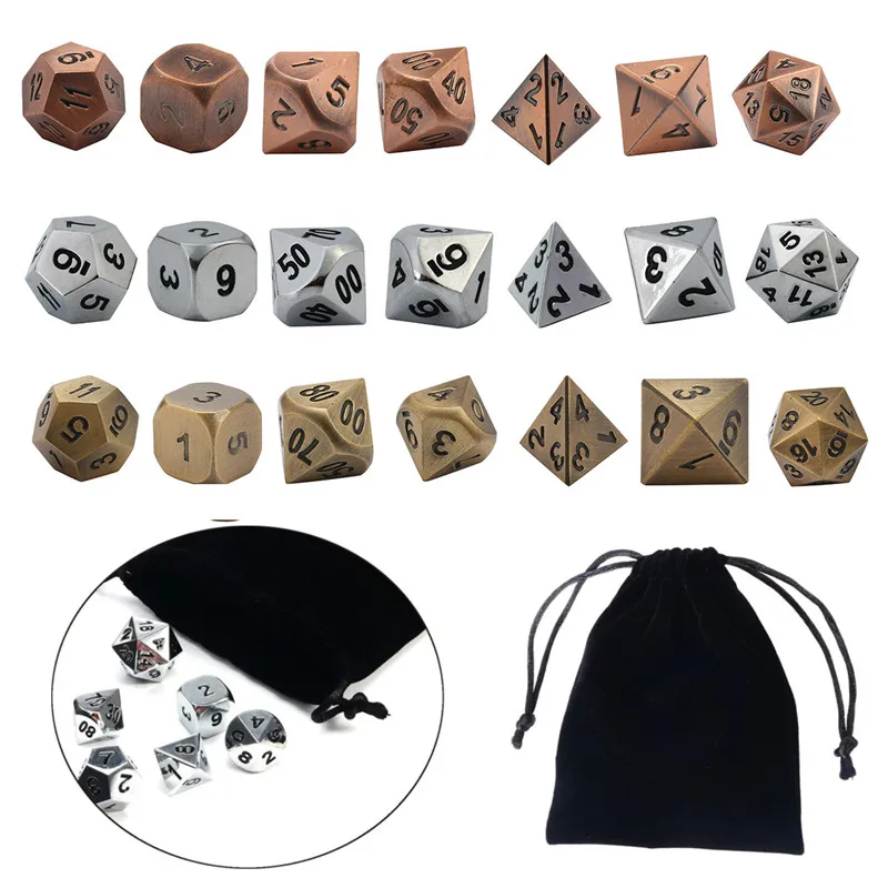 

TOP Quality Zinc alloy Dice 7 Dice + 1 pouch set d4 d6 d8 d10 d12 d20 for Board Games RPG Game Dice Dungeons & Dragons 7pcs/set