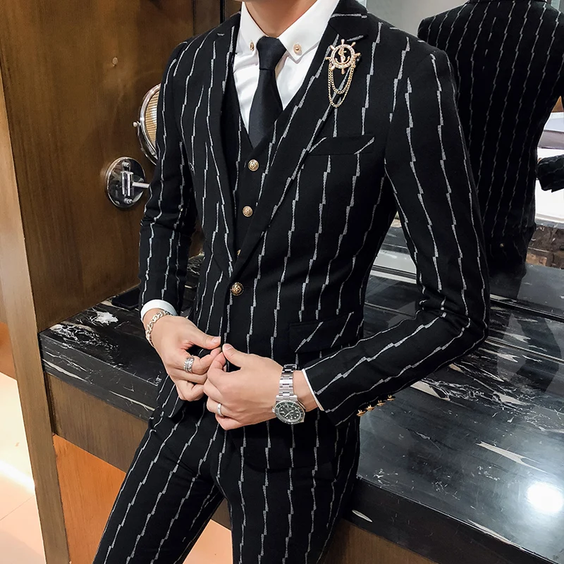 

Striped suit set 3 piece set 2019 new men's wedding dress slim suit, fashion business casual party wedding dress suit