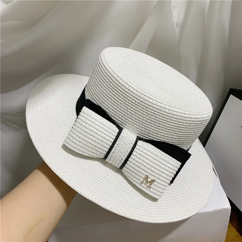 French Straw Flat Top Bow Female Sun Hats M Panama Elegant Wide Brim Anti-UV Beach Hat Women's Summer Sun Cap Gorras