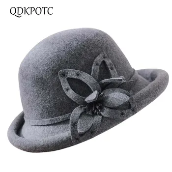 

QDKPOTC 2018 Autumn Winter Trilby Hat Female Fedoras Wool Felt Dome Floral crimping Bowler Cap Women wool Fedora Hats