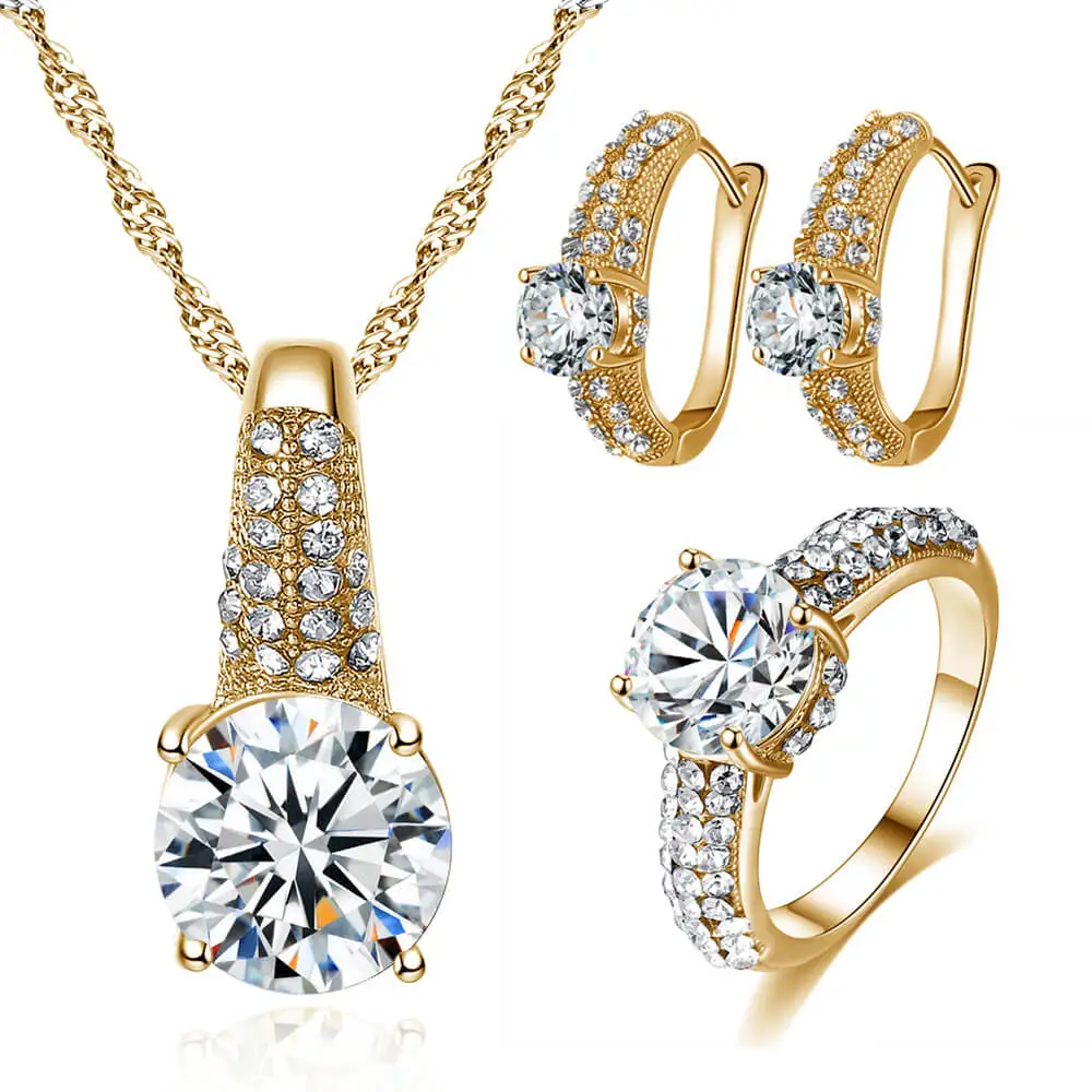 Новое поступление циркониевые серебряные и золотые блестящие женские ювелирные изделия ожерелье и серьги наборы Классические роскошные комплекты ювелирных украшений с кольцом