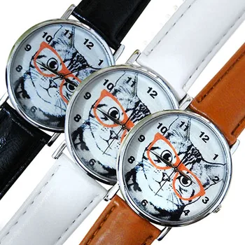 

Men's Women's Glasses Cat Dial Faux Leather Strap Analog Quartz Wrist Watch 5UXR
