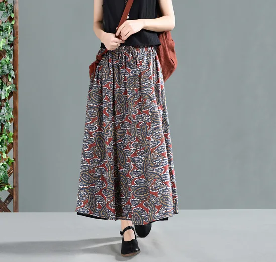 Spring Skirt Women Loose Elastic Waist Retro Skirt New Ladies Print pocket Vintage Casual Skirt Mori girl