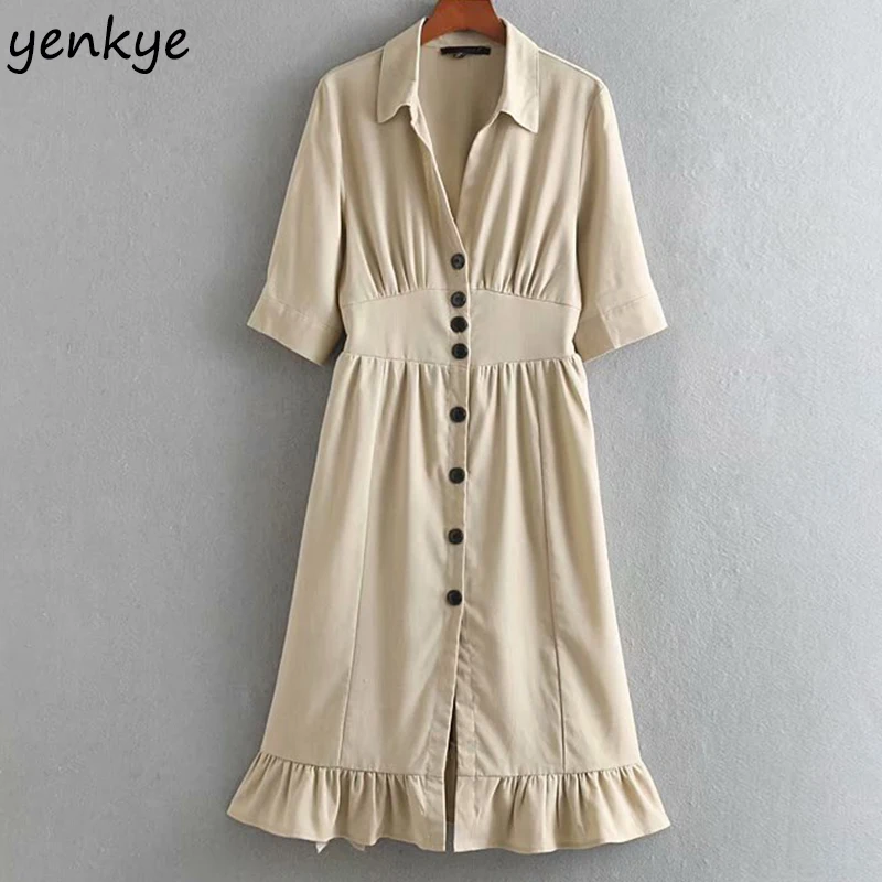 

2019 Women Vintage Solid Color Holiday Shirt Dress Lady Front Button Lapel Collar Short Sleeve Midi A-line Dress Summer Tunic