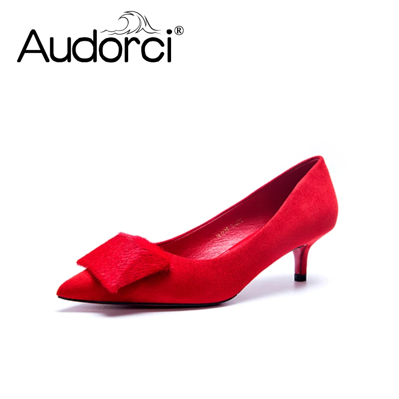 

Audorci Black Horse Hair Buckle Office High Heels Women Spring High Heels Suede Pointed Shoes Red Wedding Shoe Size 34-39