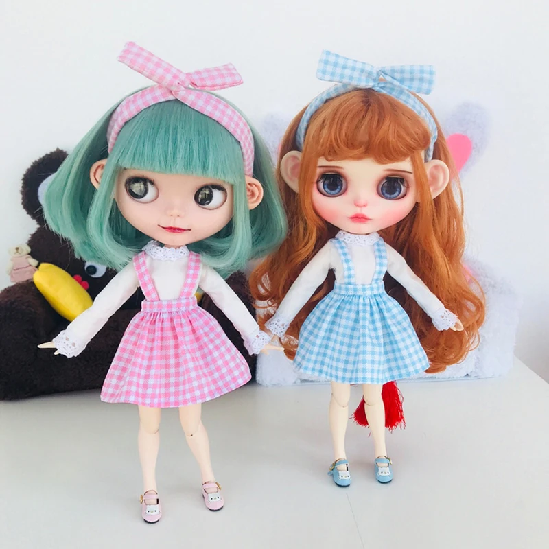 

1 Set Cute Pink/Blue Grid Strap Dress with Shirts Clothes for Blyth, Azone 1/6 Doll Accessories