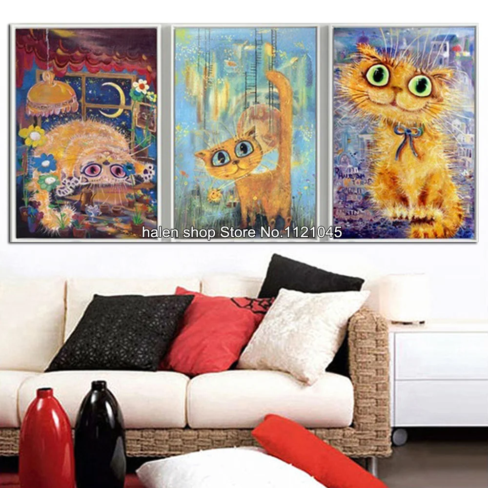 

Needlework Full Diamond Embroidery Diy Diamond Painting Cross Stitch Square Diamond Mosaic Rhinestones Lovely cat triptych VS118