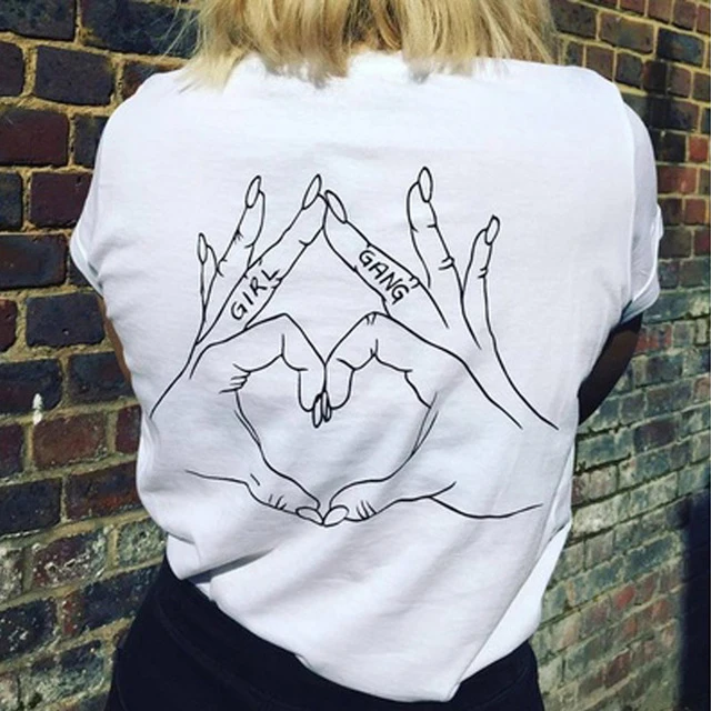 

Girl Gang Love Hand Sign Back Printed Feminism T Shirt Women Tumblr Fashion Summer Tops Tee Casual O Neck Cool T Shirts