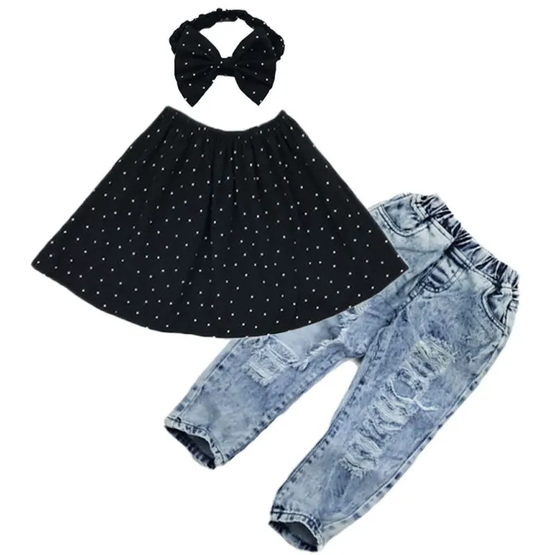 Baby Fashion Clothes Set Girls Summer Sets Suit 3 pcs Black Sleevless Polyester Blouse Casual Jeans&Hair band Girls Clothes Set