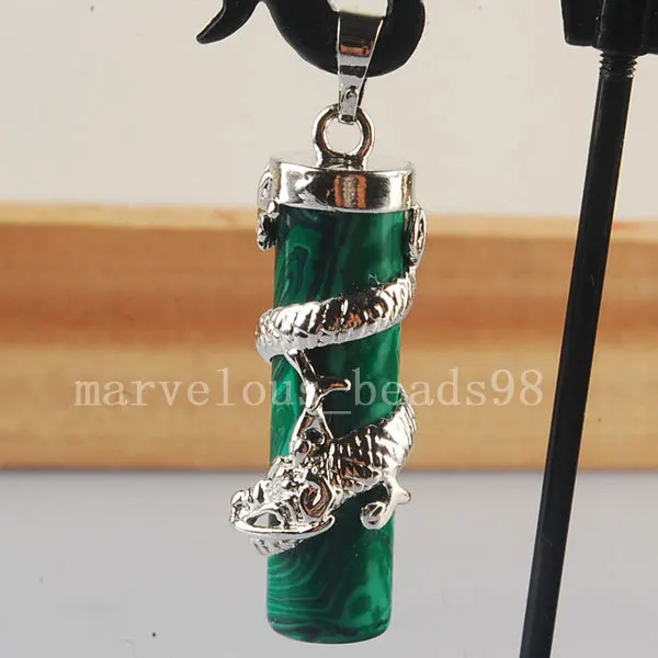 Spedizione Gratuita Bei Monili D'Argento Del Drago Colonna Malachite Pendant Bead 1 Pz Mc3096