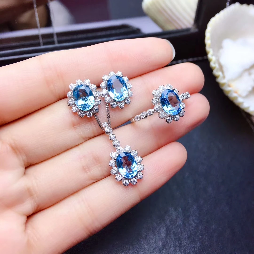 Природный Голубой Топаз gem S925 серебряное кольцо, кулон серьги украшения из природного драгоценного камня комплект Диана круглый солнечный цветок подарки для девочек ювелирные изделия
