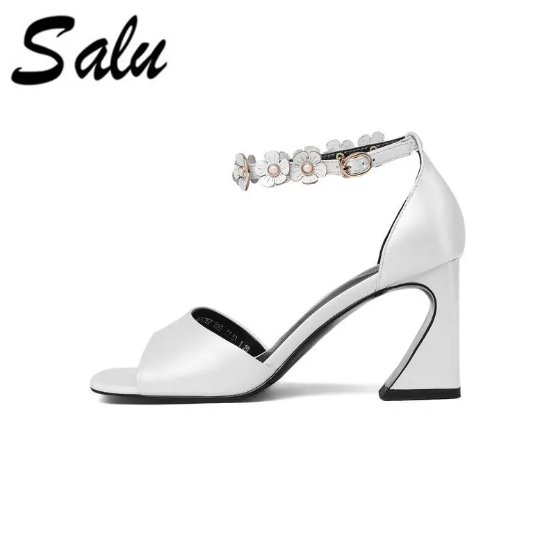 

Salu 2019 women sandals summer square high heels new genuine leather white wedding party sandals shoes for woman