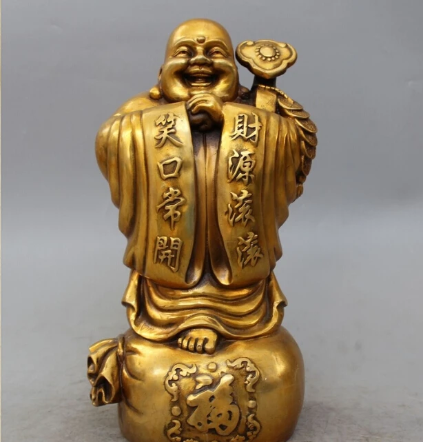 

free 14"Chinese Bronze Stand Happy Laugh Buddha Money Bag Ru Yi Bless Statue fast