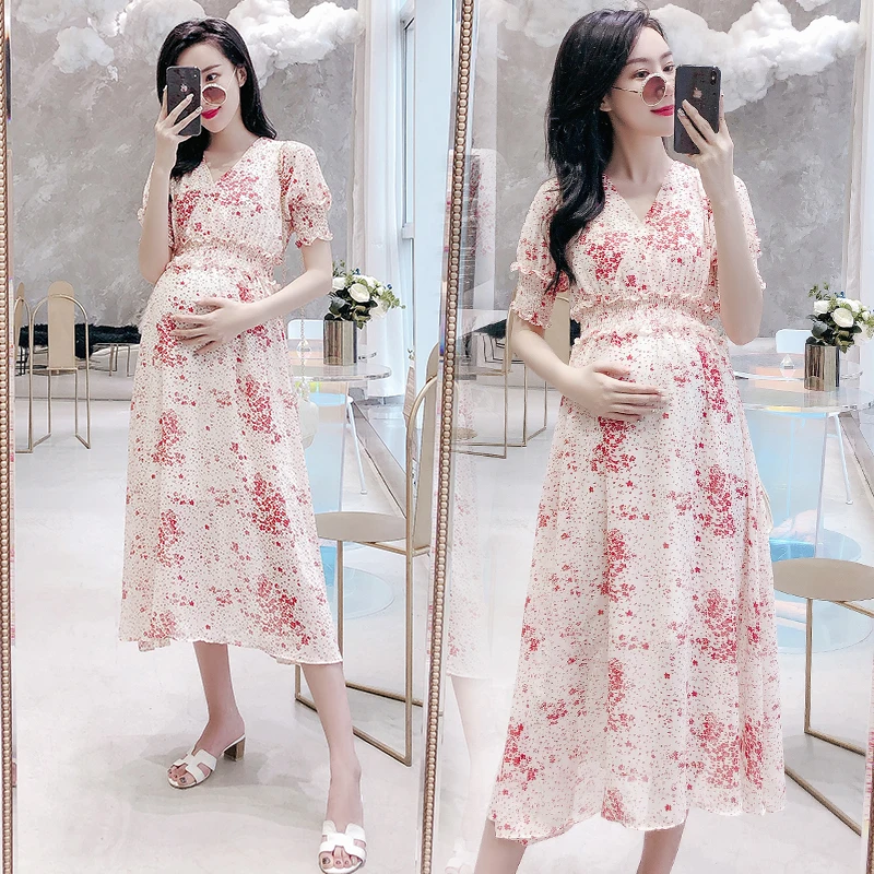 

Bohemia Summer Chiffon Nursing Clothes Short Sleeve Maternity Dress for Pregnant Women Fashion Breast Feeding Long Dresses C854